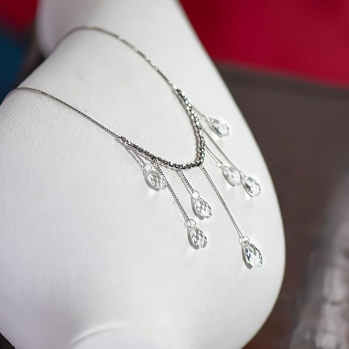 925 Sterling Silver Handmade Crystals Rain Drop Tassel layered Pendant Boho necklace statement Chandelier shape Lobster Clasp Length Choker 18"+2" Ideal Gift for Women Ladies Dress accessories.