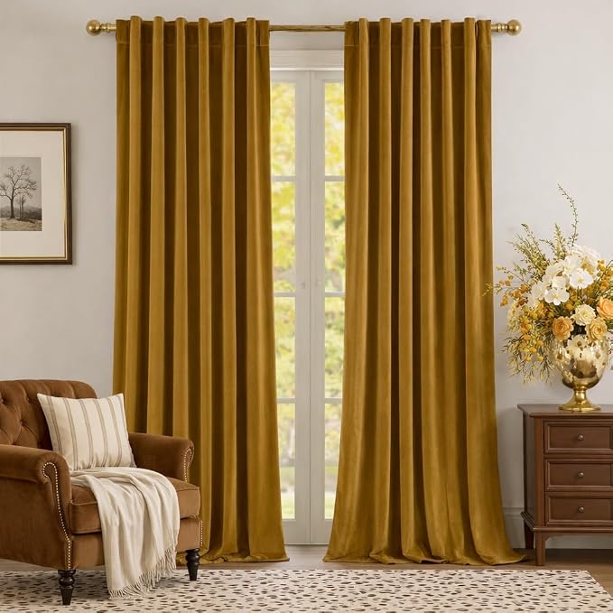 HOMEIDEAS 100% Blackout Gold Velvet Curtains, Thermal Insulated Luxury Vintage Winter Christmas Velvet Drapes for Bedroom, Living Room, Home Decor, 52 x 108 Inch, 2 Panels