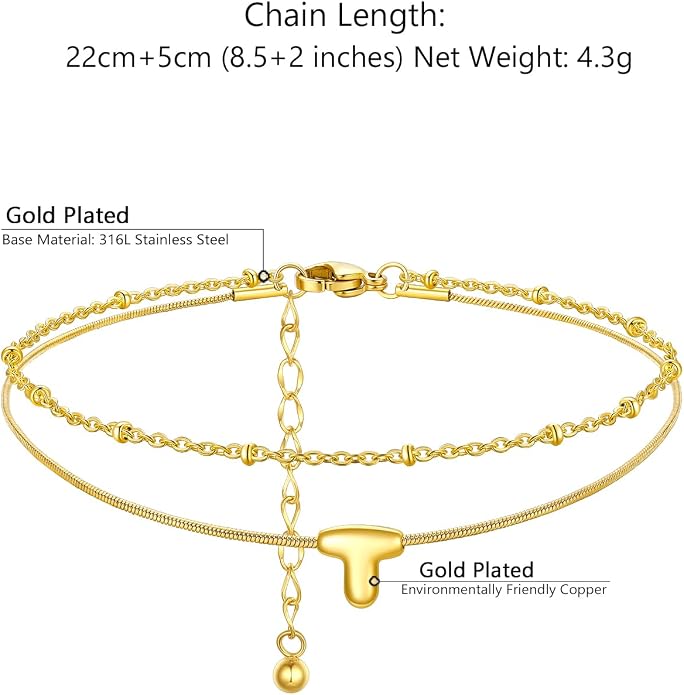 ChainsProMax Initial Ankle Bracelets for Women, Waterproof Anklets Bracelet Adjustable Summer Beach Women Foot Jewelry, Stainless Steel/Gold Plated-Send Gift Box/Letter A-Z