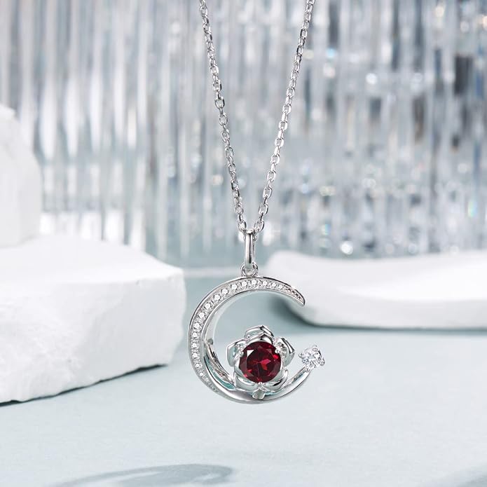 Birthstone Necklace for Women Sterling Silver Moon Pendant Necklaces Anniversary Birthday Fine Jewelry Gifts for Her Women Mother, Adjustable Chain