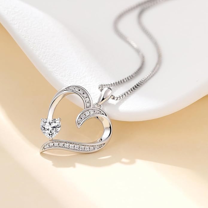 Love Heart Necklace for Women, 925 Sterling Silver Cubic Zirconia Birthstone Heart Pendant Jewelry Gift for Mom, Mother, Wife, Girlfriend on Birthday, Mother's Day, Chain 18 inch