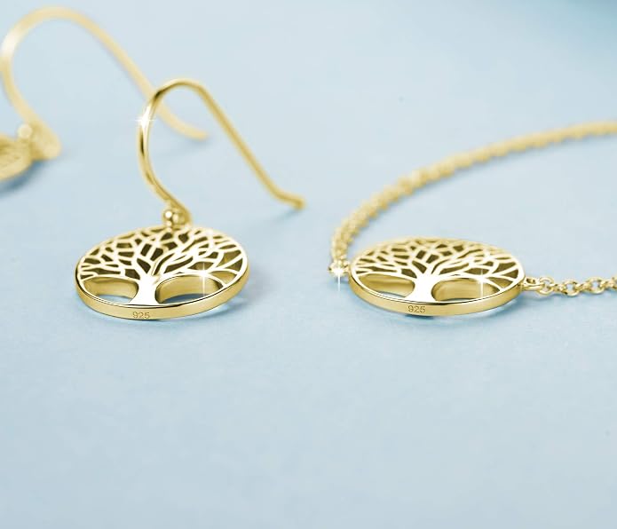 AGVANA Gold Plated Sterling Silver Tree of Life Pendant Necklace Earrings for Women Dainty Family Tree Jewelry for Her Anniversary Birthday Gifts for Mom Wife Lover Grandma Her, 16+2 Inches