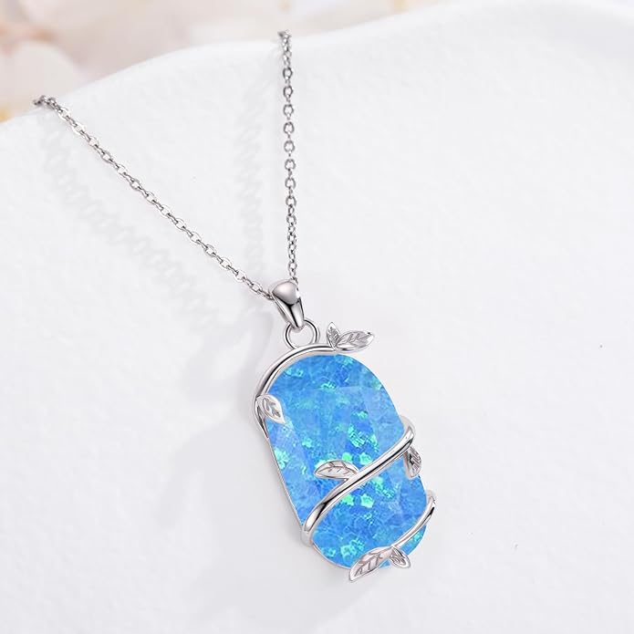 Bar Opal Leaf Necklace For Women S925 Sterling Silver White Opal Pendant with Leaf Charm Bar Pendant Jewelry Gift For Mom Daughter Wife
