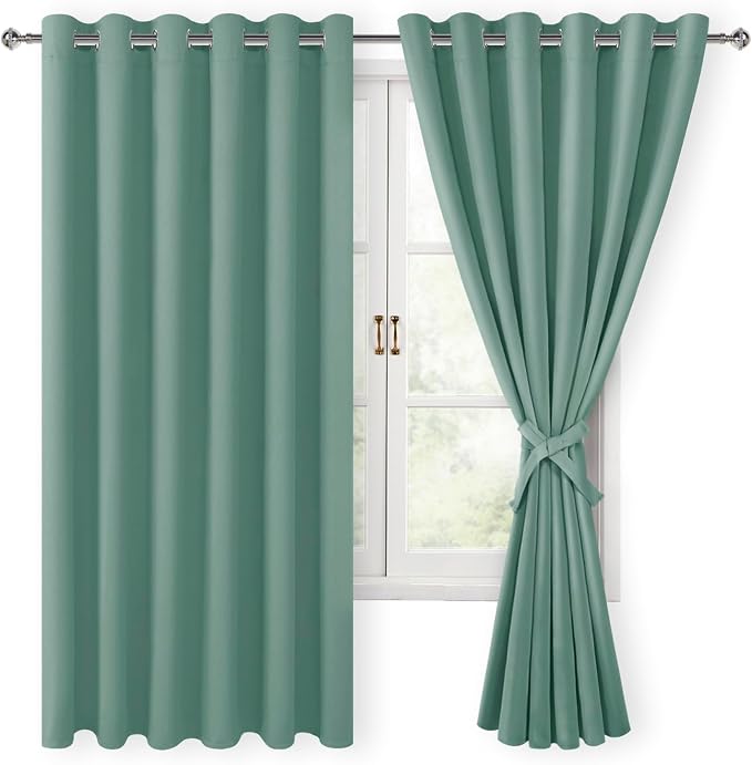 Hiasan Grommet Blackout Curtains for Bedroom, 70 x 63 Inches - Thermal Insulated & Light Blocking Window Drapes for Living Room/Dorm Room, Set of 2 Panels Sewn with Tiebacks, Sage Green