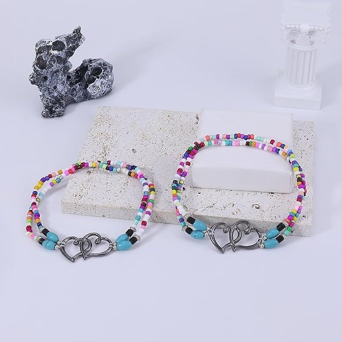 2PC Ankle Bracelets for Women Beaded Heart Ankle Bracelet Waterproof Bohemian Big Plus Size Anklets Summer Beach Accessories Boho Jewelry