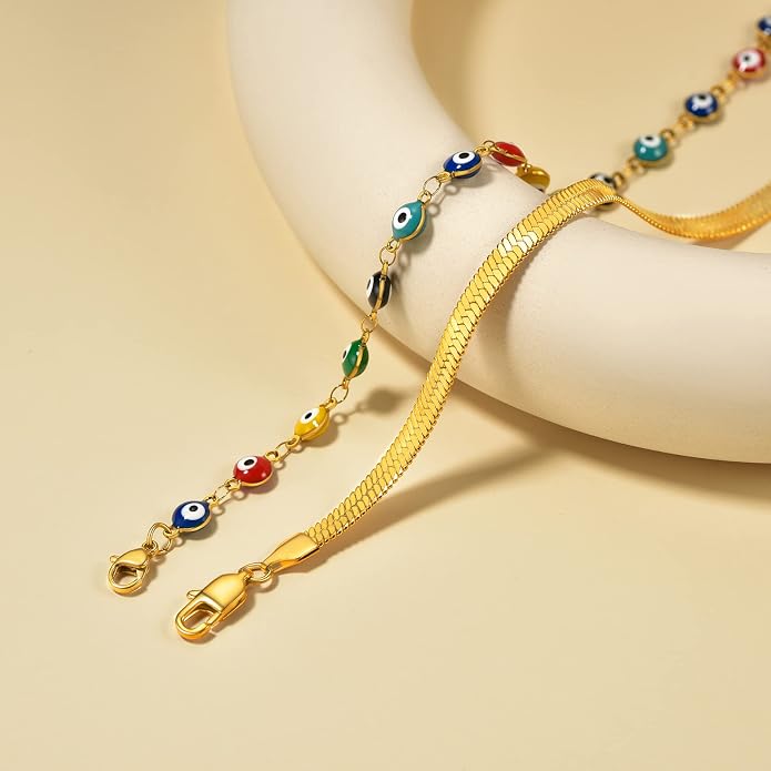 Supcare Evil Eye Anklets for Women,Cuban/Figaro/Mariner/Snake Chain Layered Ankle Bracelet Gifts (with Gift Packing)