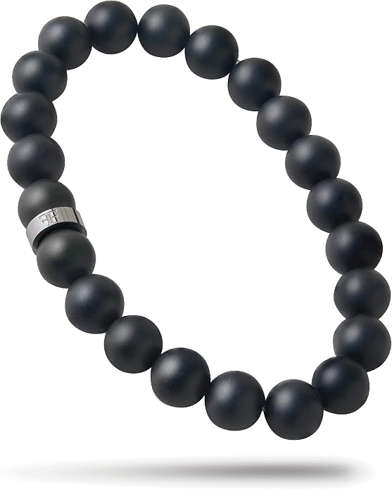 Forge & Foundry Men’s Matte Black Solid Onyx Beaded Bracelet | 10mm, 8mm, 6mm Bead Size Options | Signature Stainless Steel Engraved Bead | Andalus