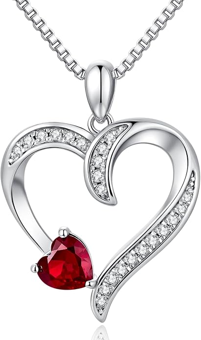Love Heart Necklace for Women, 925 Sterling Silver Cubic Zirconia Birthstone Heart Pendant Jewelry Gift for Mom, Mother, Wife, Girlfriend on Birthday, Mother's Day, Chain 18 inch