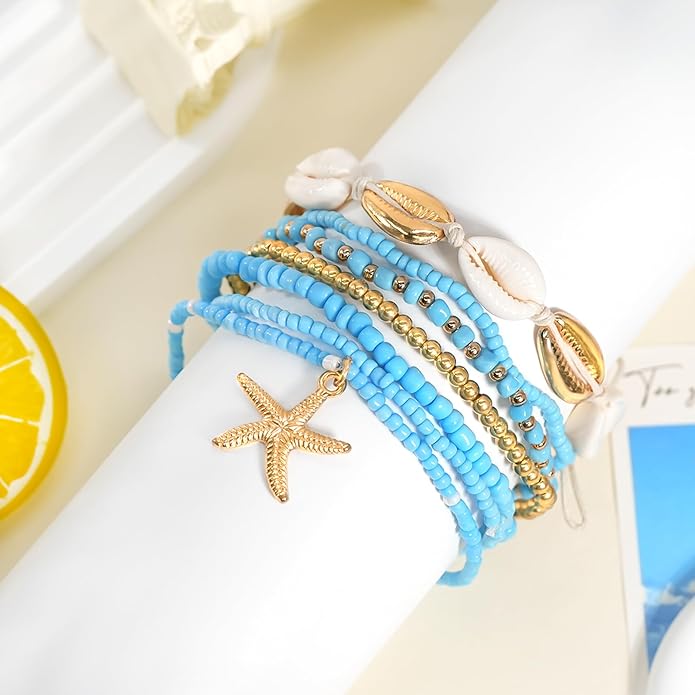 7 Pack Boho Beaded Shell Anklet Bracelets for Women Colorful Stretch Cowrie Seashell Starfish Ankle Bracelet Stack Adjustable Summer Beach Accessories Cute Hawaiian Jewelry