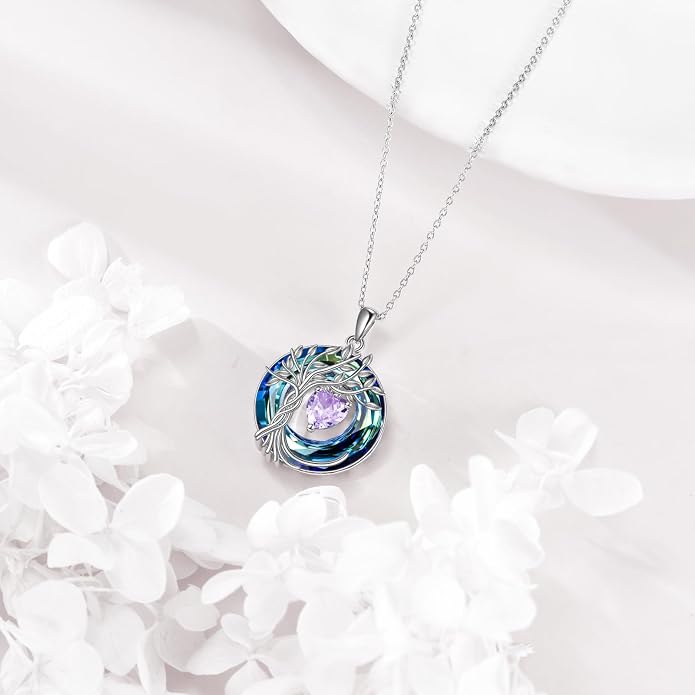 POPLYKE Mothers Day Gifts for Mom Her Wife Tree of Life Necklace 925 Sterling Silver Birthstone Pendant with Crystal Anniversary Birthday Wedding Jewelry for Women