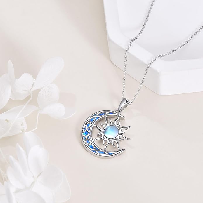 Sun and Moon Necklace for Women 925 Sterling Silver Celtic Crescent Moon Pendant Blue Opal/White Opal/Abelone Shell/Labradorite/Moonstone Jewelry Gift for Teen Girls