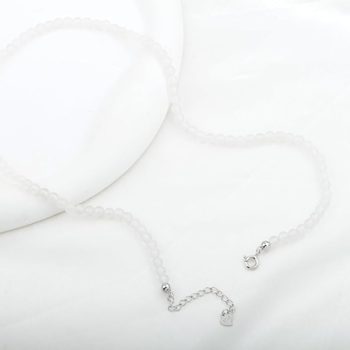 Kakikaki Natural Agate Choker Necklace Sterling Silver Round Beads Strand Necklace for Women