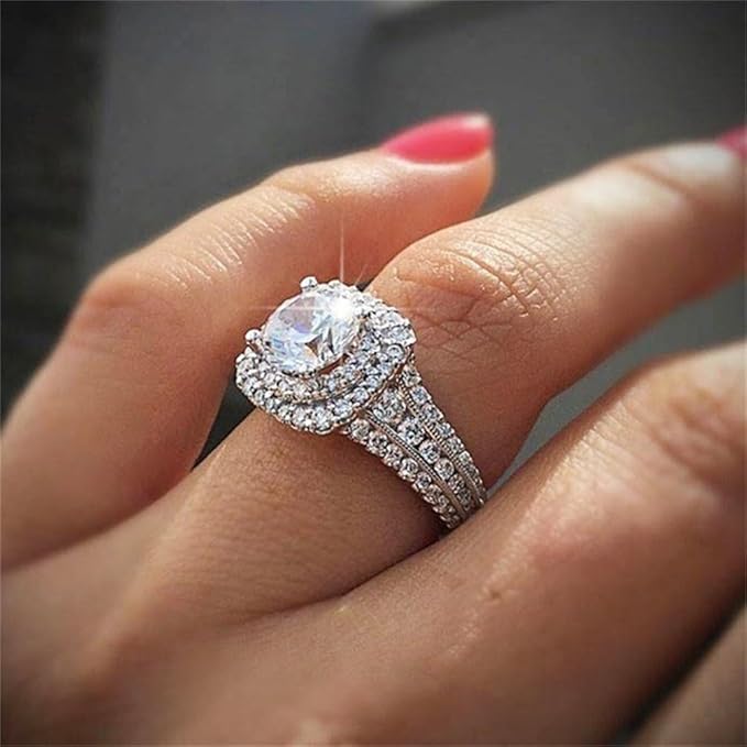925 Sterling Silver Shiny Full Diamond Ring 18K Gold Cocktail Rings Round Cut Cubic Zirconia Promise Rings CZ Multi Row Diamond Ring Eternity Engagement Wedding Band Ring for Women Z.45 (US Code 10)