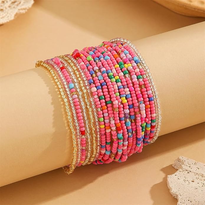 Fuqimanman2020 18Pcs Boho Stackable Beaded Bracelets for Women Colorful Handmade Multilayered Rice Beads Anklets Set Summer Beach Bohemian Jewelry Gift