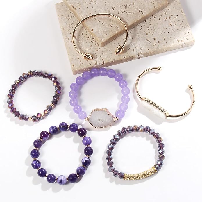 Yomisa 5PCS 6PCS Natural Boho Beaded Bracelets/Bangle for Women Men,Healing Turquoise Jasper Agate Crystal Gemstone Stone Chakra Multilayer Wrap Bohemian Handmade Jewelry Beads Stretch Bracelet Set