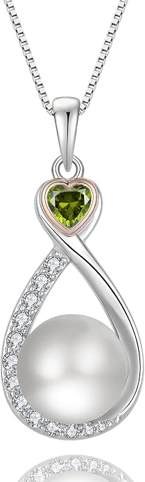 Heart Birthstone Pearl Pendant Necklace, 925 Sterling Silver Infinity Necklace with 10mm Freshwater Cultured Pearl & 4mm Gemstone Jewelry for Women