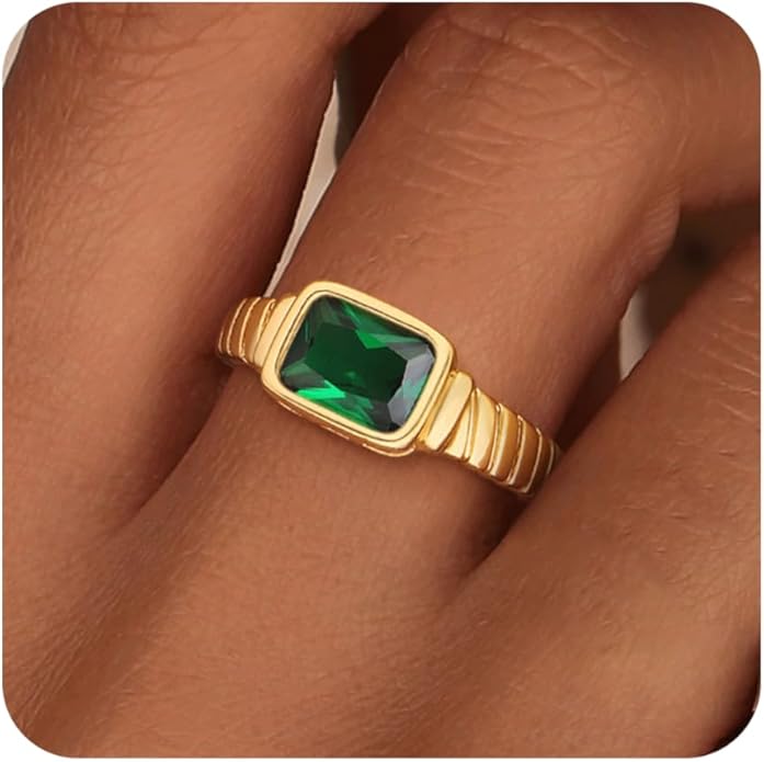 ZHESHY Birthstone Gold Rings for Women Non Tarnish Vintage Gemstone Emerald Rings 14K Gold Plated CZ Signet Thumb Band Rings Jewelry Gift for Birthday Size 6-10