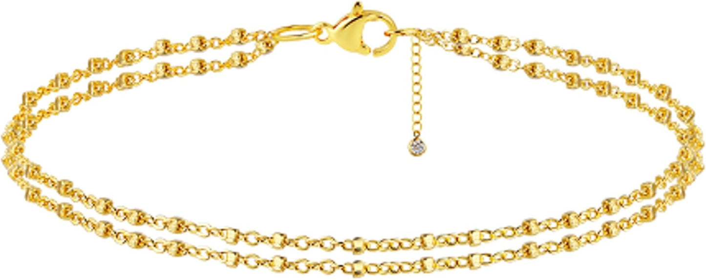 Rotnso Anklets for Women 14K Gold Silver Plated Ankle Bracelets Trendy Waterproof Boho Anklets Set Adjustable Dainty Cute Diamond Beaded Heart Non Tarnish Summer Beach Jewelry Gift