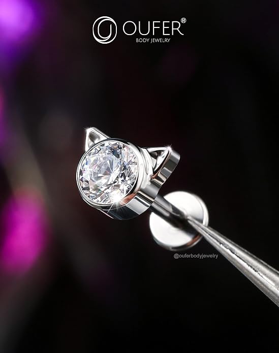 OUFER Cute Kitten Helix Piercing, Silver 16G Helix Earrings Flat Back Internally Threaded Helix Cartilage Piercing Jewelry for Women Men-8MM-6MM