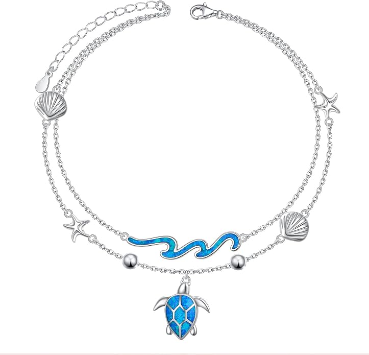 Ladytree S925 Sterling Silver Boho Beach Double Layer Anklets Bracelet for Women Adjustable 9 to 11 inches