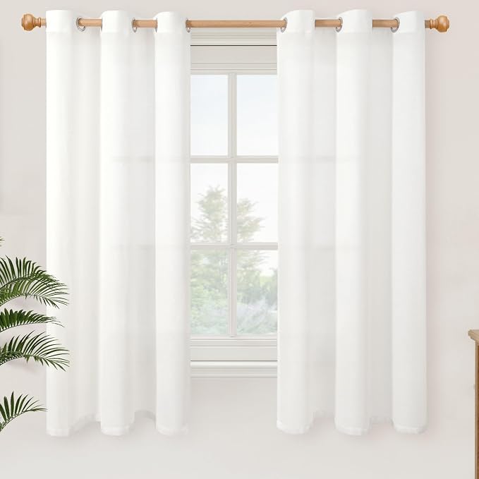 YoungsTex White Linen Semi Sheer Curtains 63 Inch Length 2 Panels, Grommet Light Filtering Drapes Textured Window Treatments for Bedroom Living Room Lightweight, 42 X 63 Inch