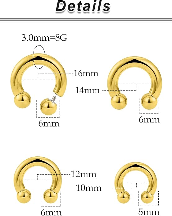 20G-00G Septum Rings Ear Gauges Earrings Stretching Kit 316L Surgical Steel Horseshoe Septum Pa Piercing Jewelry for Women 10mm 12mm 14mm 16mm