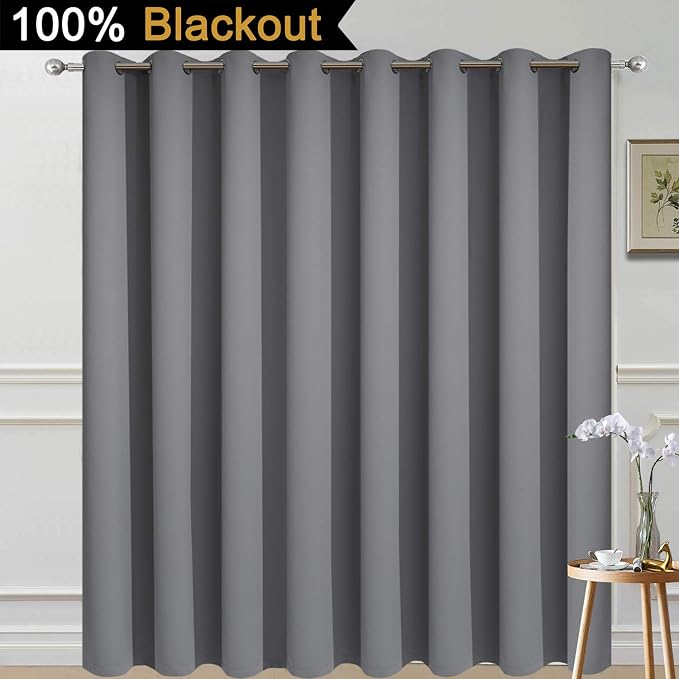 Yakamok Grey 100% Blackout Patio Door Curtain Panels W100 x L84, 1 Panel | Noise Reducing Barrier Panel for Sliding Glass Door, 2 Thick Layers Heat Full Light Blocking Patio Door Drapery