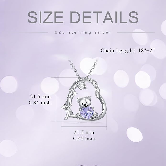 PELOVNY Teddy Bear Necklace for Women 925 Sterling Silver Bear/Highland Cow/Fox/Cat/Axolotl Birthstone Necklace Christmas Birthday Jewelry Gifts for Mom Daughter Wife Sister