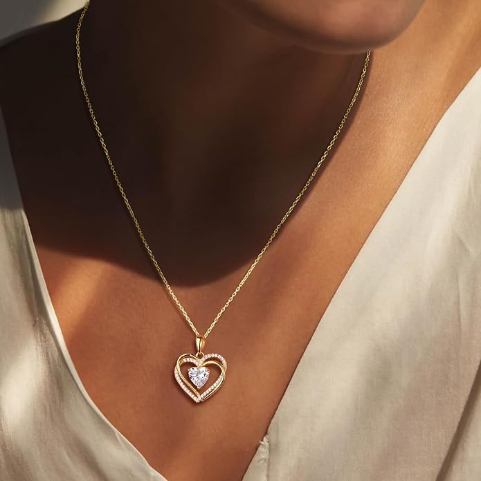 Anniversary Charm Necklace, Sterling Silver 14K Gold Plated Chain with Interlocking Heart Pendant Elegant Birthstone Necklaces for Women, Length 18"