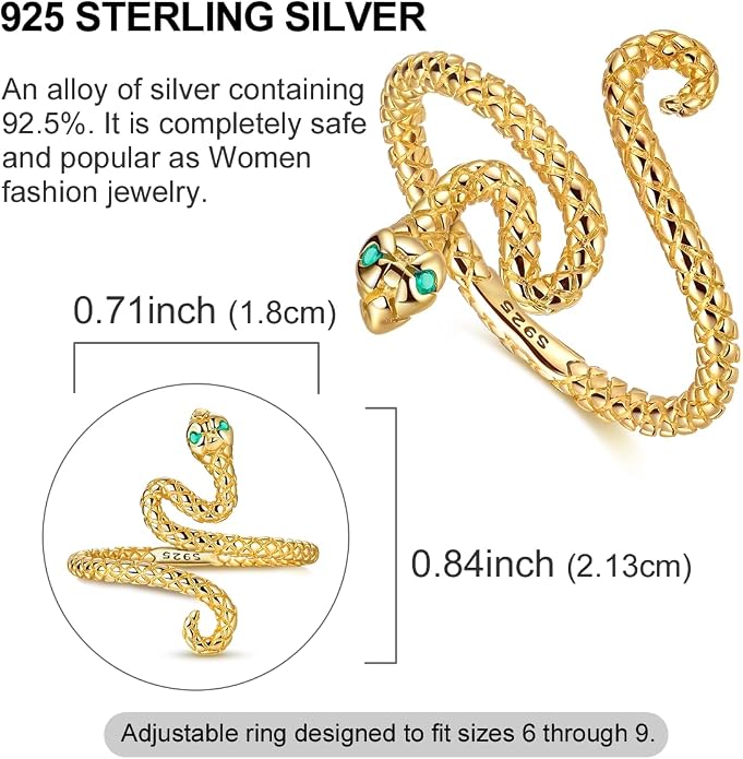 925 Sterling Silver Adjustable Open Rings for Women with Snake, Evil Eye or Bee Designs, Dainty Stackable Thumb Finger Rings, Gold Silver Ring Jewelry Gift for Mujer, Size 6-9