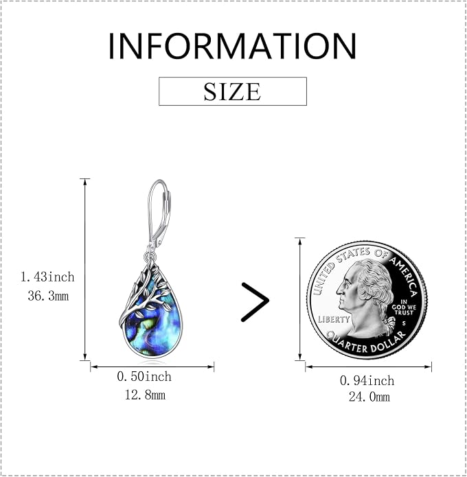 AXELUNA Tree of Life Earrings Sterling Silver Teardrop Abalone Shell Dangle Leverback Earringgs Gifts for Women Girls