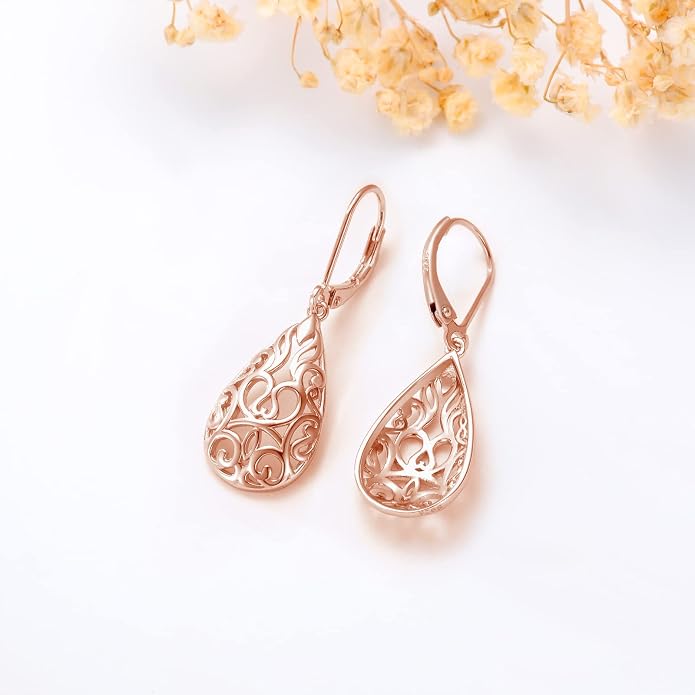VONALA Filigree Teardrop Earrings for Women Sterling Silver Filigree Teardrop Dangle Earrings Filigree Leverback Earrings for Women Birthday Gift