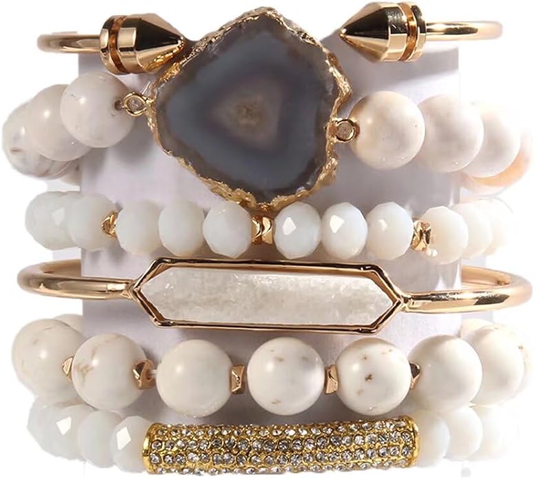 Yomisa 5PCS 6PCS Natural Boho Beaded Bracelets/Bangle for Women Men,Healing Turquoise Jasper Agate Crystal Gemstone Stone Chakra Multilayer Wrap Bohemian Handmade Jewelry Beads Stretch Bracelet Set