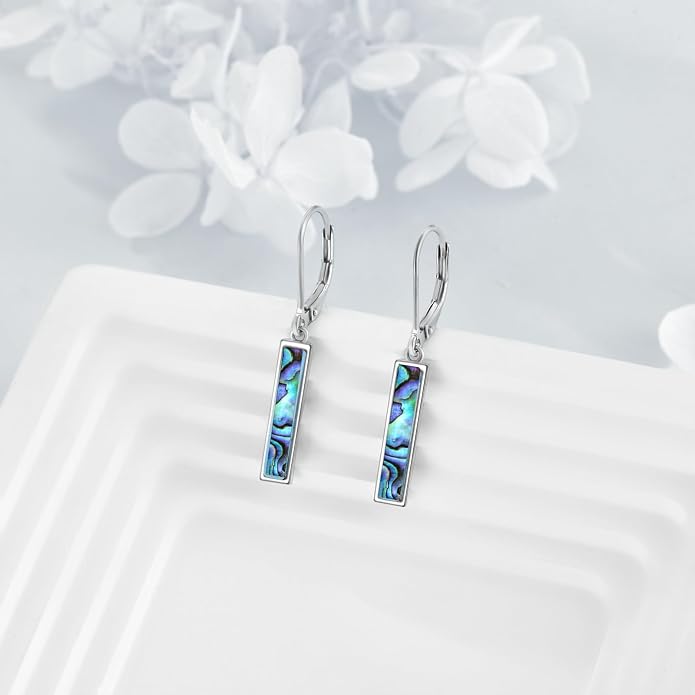 CRMAD Abalone Shell Bar Earrings for Women Sterling Silver Leverback Earrings Abalone Jewelry Gift