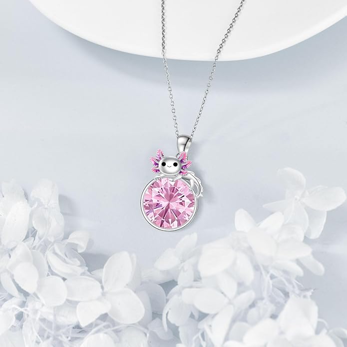 Birthstone Axolotl Necklace Sterling Silver Axolotl Pendant Cubic Zirconia Jewelry Birthday Gifts for Women Men