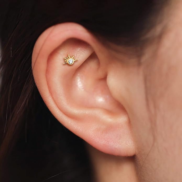 COCHARM 14K Solid Gold Cartilage Earring Stud 16g Yellow Gold Flat Back Helix Stud 14K Gold Push in Tragus Earring Stud Threadless Labret Stud Labret Rings