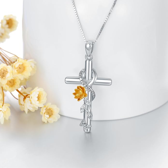 Cross Necklace for Women 925 Sterling Silver I Love You Necklace Religious Jewelry with Gift Box for Mother Daughter