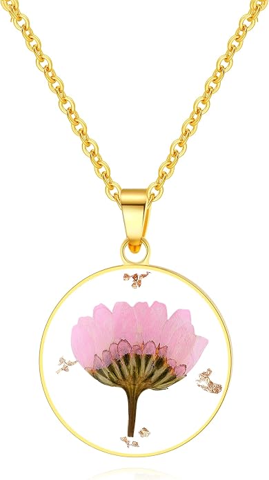 AUNTESIGN Forget-Me-Not and Queen Anne's Lace Pressed Wildflower Necklace | Birth Month Flowers Necklace | Gold/Silver Pressed Flower Jewelry | Mother's Day | Gift For Her