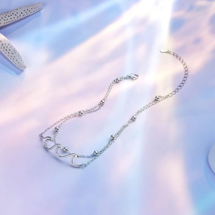 Alphm Wave Anklet for Women S925 Sterling Silver Adjustable Starfish Layered Ocean Beach Sea Ankle Foot Bracelet