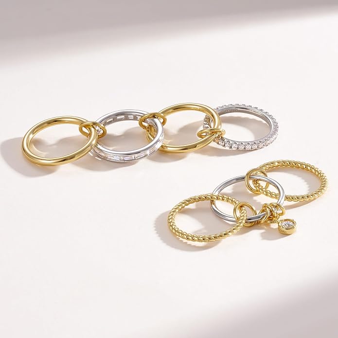 KissYan Stackable Rings for Women, 14k Gold Plate Interlocked Multi Ring Set Dainty Pave CZ Personalized Fashion Two-Toned Mixed Metals Stacking Jewelry Trendy Statement Gift