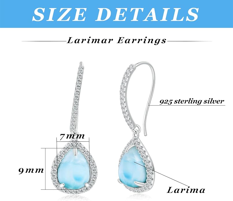 Larimar Dangle Earrings, 925 Sterling Silver Gemstone Larimar Drop Earrings for Women