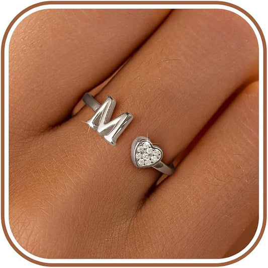 LOVECOM Initial Heart Rings for Women 925 Sterling Silver Gold Adjustable Letter Name Ring Non Tarnish Trendy Stuff Alphabet Letter CZ Stackable Ring Jewelry Gifts for Mom Daughter Sister