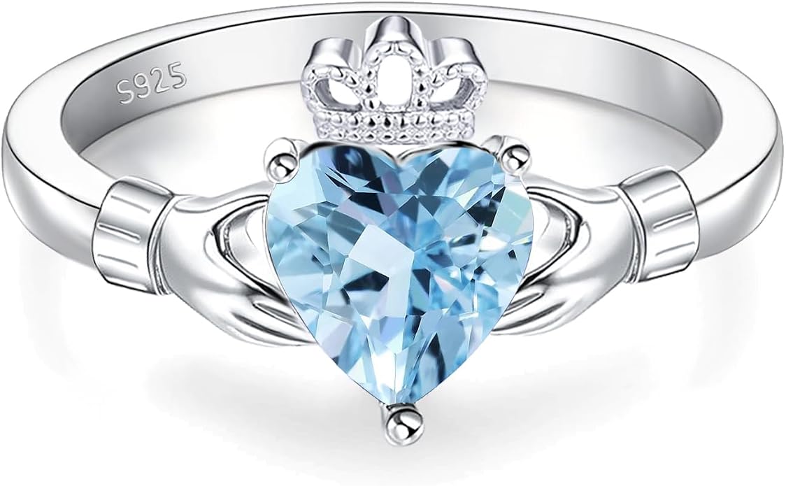 Claddagh Rings for Women 925 Sterling Silver Irish Birthstone Statement Ring Jewelry for Wife