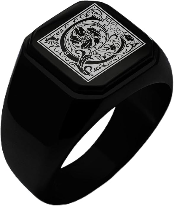 Jewelry | Stainless Steel Letter Alphabet Initial Ring | Square Flat Top Ring for Men & Women | Stainless Steel Jewelry, (Black, Gold, Silver), Size 7-16