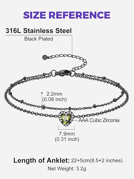 Richsteel Double Layer Heart/Butterfly Birthstone Anklet for Women Non Tarnish Waterproof, Silver/Gold/Black Stainless Steel 8.5-10.5 Inch Adjustable Chain Anklets Jewelry Gifts for Her