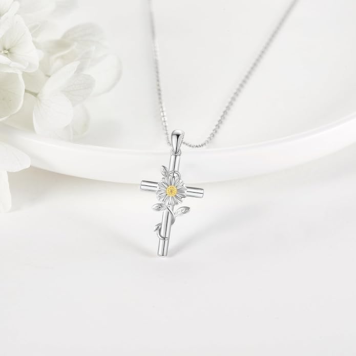 Flower Cross Necklace 925 Sterling Silver Carnation/Rose/Lily/Daisy Cross Necklace Birth Flower Jewelry for Women