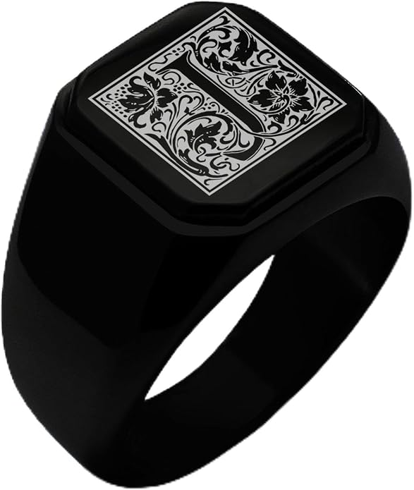 Jewelry | Stainless Steel Letter Alphabet Initial Ring | Square Flat Top Ring for Men & Women | Stainless Steel Jewelry, (Black, Gold, Silver), Size 7-16