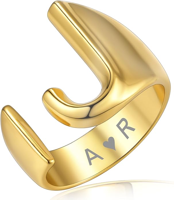 KeyStyle Bold Initial Letter Rings Adjustable, GoldChic Jewelry Women Gold Statement Ring Personalized Engraved Women’s Open Signet Ring for Party (Gold, White Gold, Black)