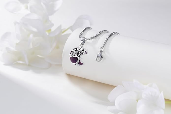 925 Sterling Silver Tree of Life Necklace, Crescent Moon Pendant with Amethyst, Moon Crystal Healing Jewelry Gift for Women
