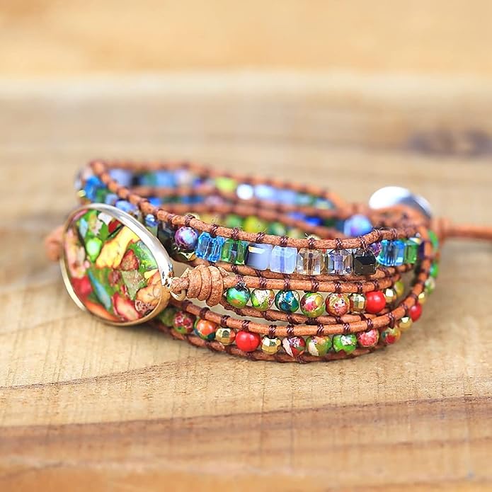 Women Wrap Bracelet Boho Natural Jasper Crystal Stone Beads Strand Bracelets